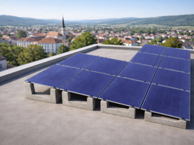 Concrete ballast mounting element for compact photovoltaic panel configuration